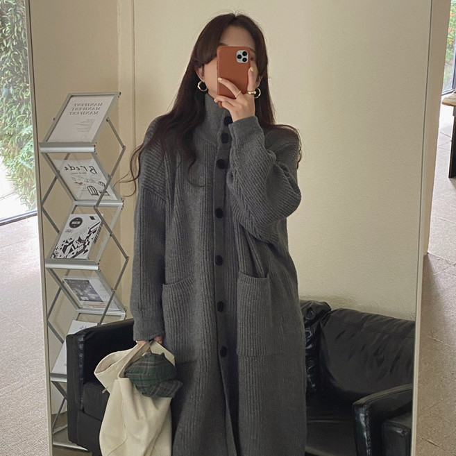 타니즈 몽토스 하이넥 단추 긴팔 롱 니트 여성 가디건