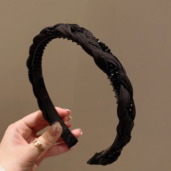 黑色麻花纏繞水鑽髮箍，簡約百搭彈力頭箍，女士洗臉防滑髮卡，蓬鬆高顱頂頭飾