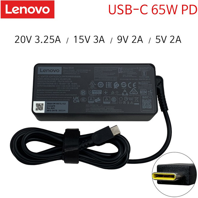 레노버 씽크패드 E480 E570P E580 노트북 65W USB-C 정품 어댑터 충전기 케이블, 1개