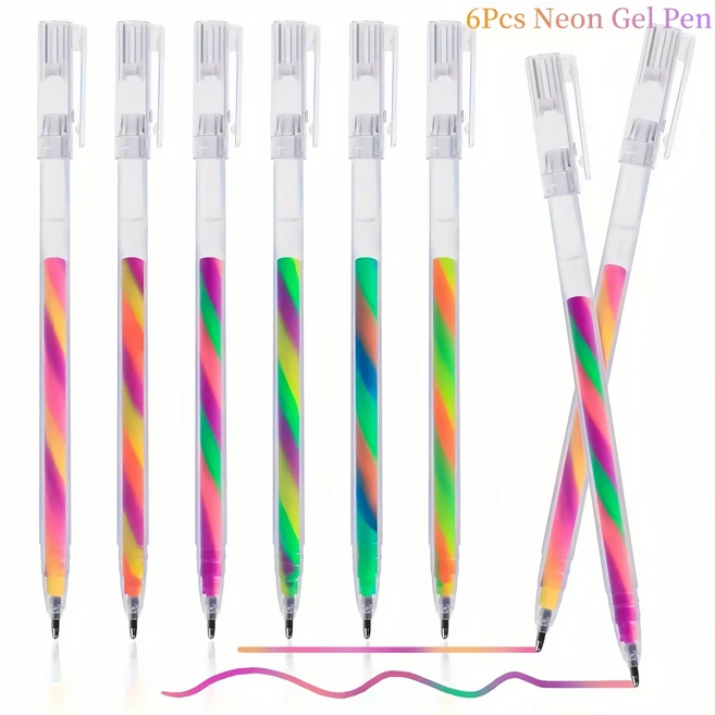18개입 3색 혼합 레인보우 젤 펜 변환 글리터 세트 성인용 컬러링북 드로잉 낙서용, 01 다색, 02 6Pcs Neon Gel Pen