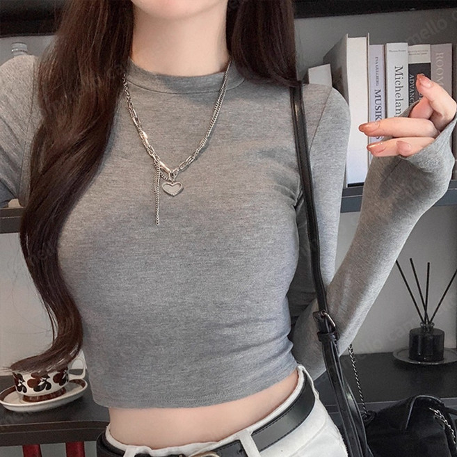 cammello 스판 쫀쫀 라운드넥 롱슬리브 크롭티 베이직 크롭 긴팔티 기본템 슬림핏