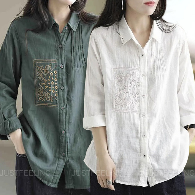 면 마 빅사이즈 블라우스 봄 가을 캐주얼 상의 데일리룩 상의 여성용 린넨 긴팔셔츠 JUSTFEELING