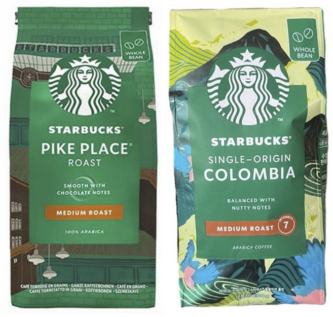 스타벅스 파이크 플레이스 로스트 미디엄 로스트 초콜릿 노트(원두)200g + 싱글 오리진 콜롬비아 미디엄 로스트 너티 노트(원두) 200g, 1개, 원두
