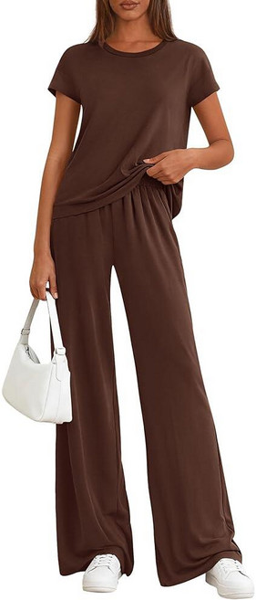 PRETTYGARDEN Women's 2026 Summer 2 Piece Matching Lounge Sets Short Sleeve Shirts Tops Wide Leg Pa