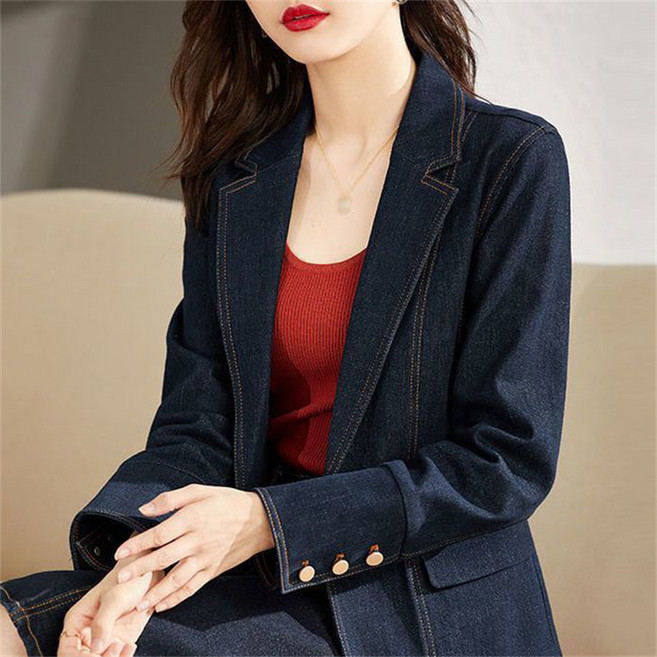 AOKADA 여성 봄 가을 슬림핏 정장 칼라 청자켓 캐주얼 데님 재킷