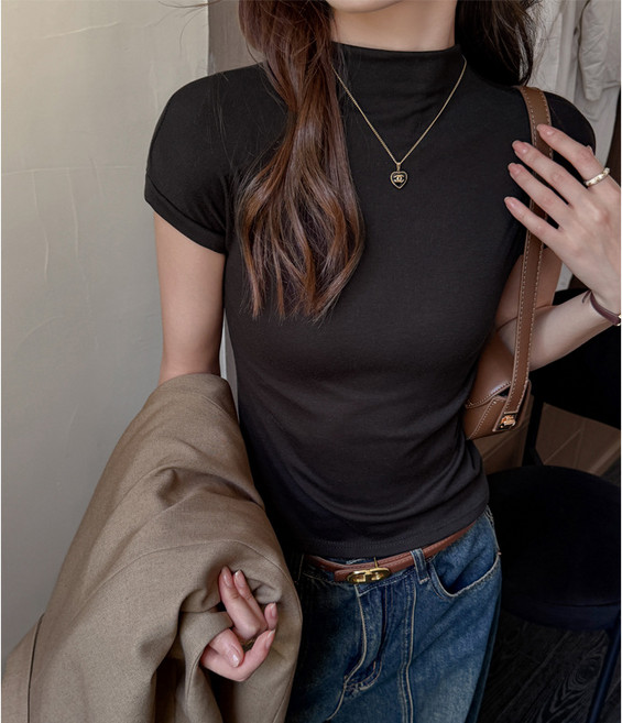 텐셀 소재 반목 스트레이트 숄더 반팔 티셔츠 SH1959