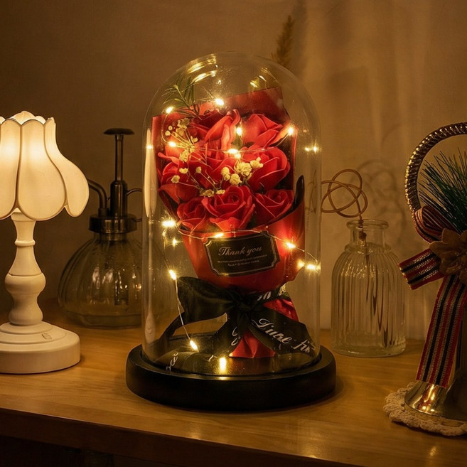 [건전지포함] 에이무드 꽃다발 유리돔 기념일선물, 레드 장미