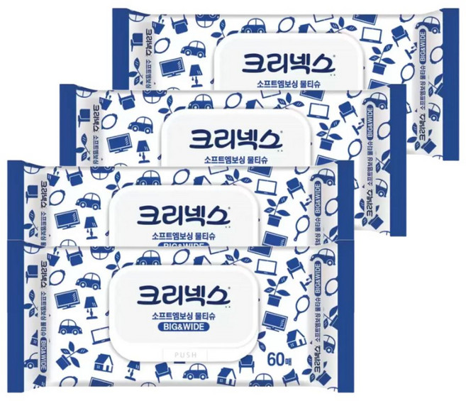 크리넥스 큼직한 소프트엠보싱 안심물티슈, 60매, 5개