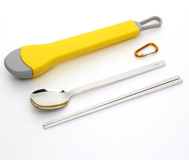 캠핑 실리콘 휴대용 소풍 도시락 수저 케이스 세트, 네파 수저케이스세트 옐로우+카라비너, 1개