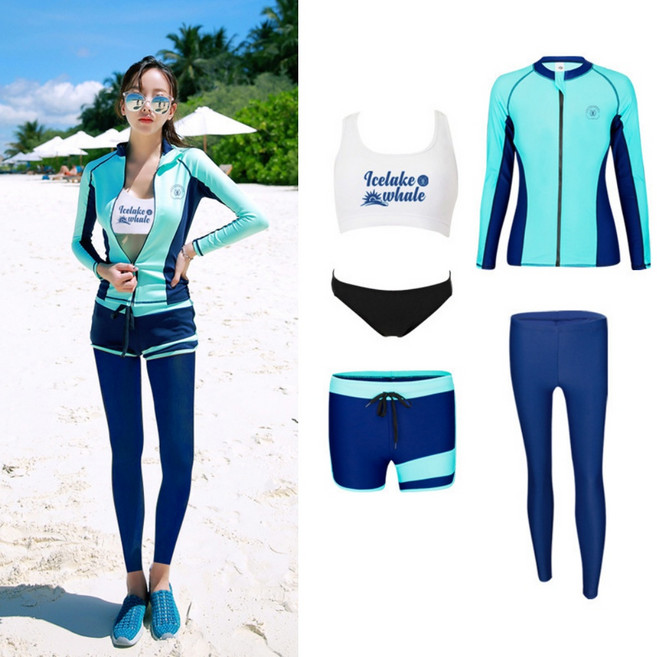防曬長袖泳衣套裝 速乾泳裝 水母衣男女 泳裝 拉鍊泳衣全身, 女生五件套,XL