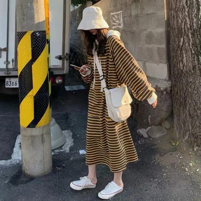 AOKADA 여성 오버핏 후드 맨투맨 스트라이프 롱 원피스