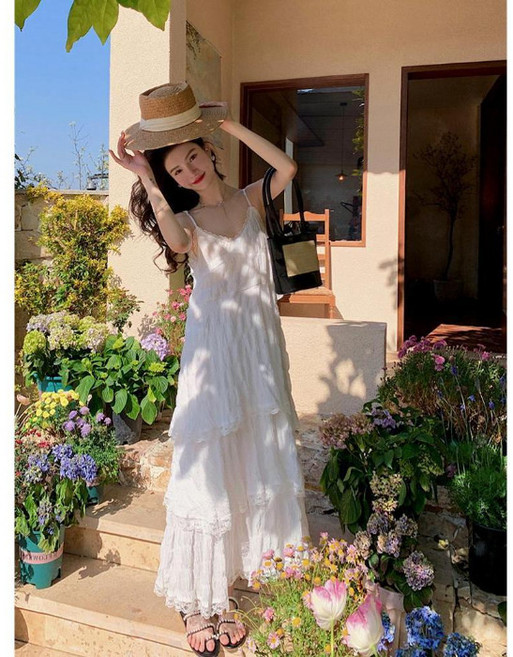 DFMEI 仙女白色連衣裙海邊度假沙灘裙高級感法式長裙子吊帶長裙夏季寬鬆