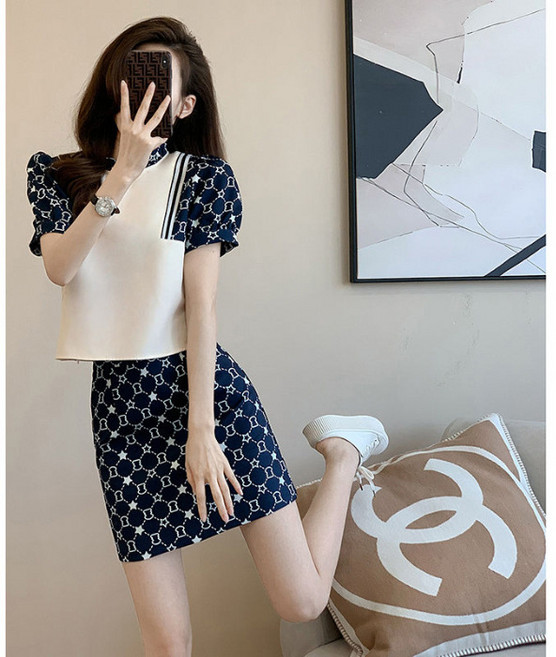 ANYOU 여름 오피스룩 블라우스+스커트 세트 퍼프 소매 하객룩 데일리 캐주얼