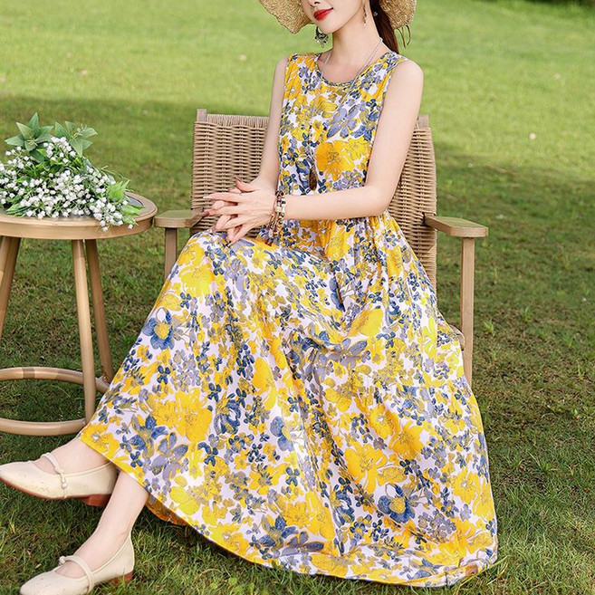 POMTOR 중년 여름용 면 민소매 A라인 나시 롱스커트 롱 원피스 슬림핏 라운드넥 시원한소재 엄마옷