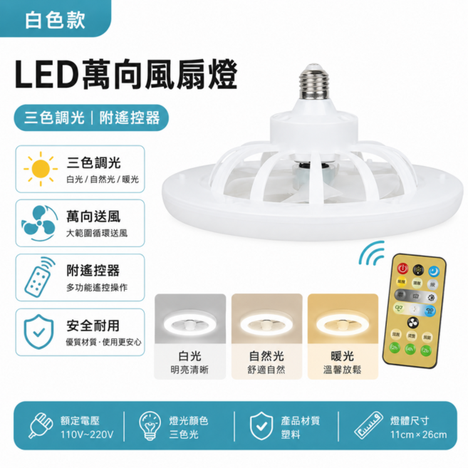 吸頂風扇燈 萬向風扇燈 智能風扇燈 家用風扇燈 LED萬向燈 吊頂風扇燈 擺攤燈 夜市風扇燈 遙控風扇燈, 普通款+方向固定+三色+遙控, 1個