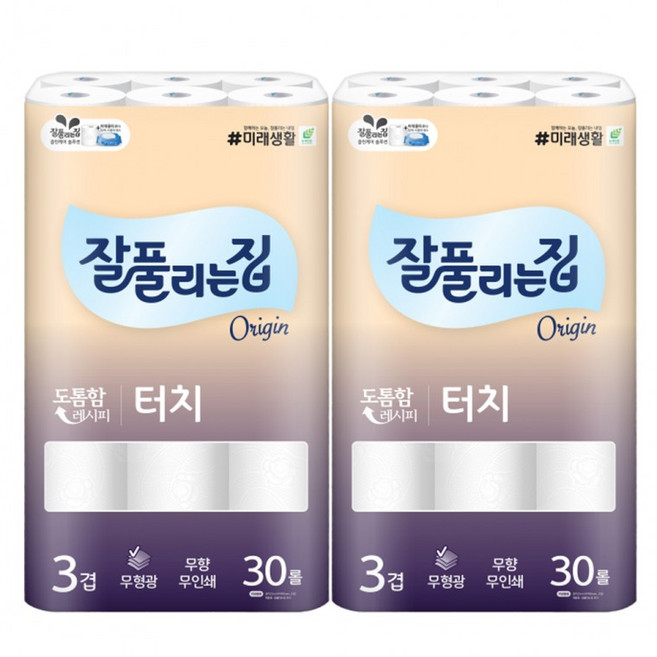 잘풀리는집 도톰함 레시피 터치 비데겸용 화장지 3겹, 25m, 30롤, 2개