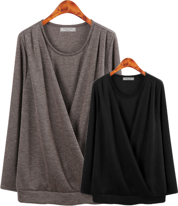 허밍퍼플 여성용 2377-베르데 셔링 랩 T 빅사이즈 여성스런 핏 자연스런 긴팔 긴소매 티셔츠 티 가오리핏 심플 여성의류