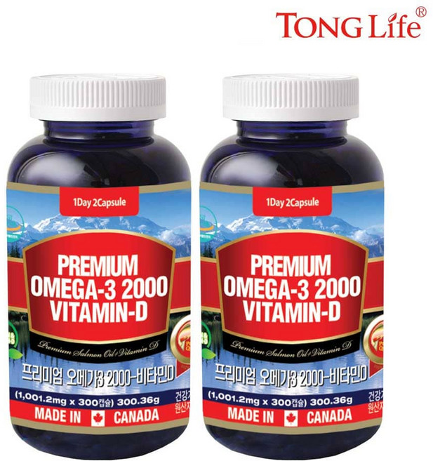 통라이프- 프리미엄오메가3-2000 비타민D-연어오일100%-300캡슐-혈행 기억력개선 칼슘흡수에도움-2병, 2개