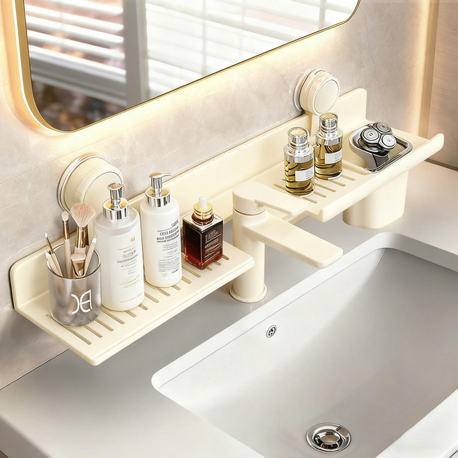 KEMEI 세면대 선반 강력 흡착식 욕실선반 일자형 U자형 무타공 선반, 크림화이트