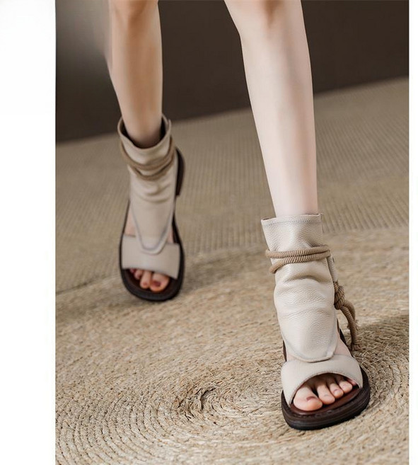 쌍천 리얼 가죽 샌들 캐주얼 오픈토 힐 펀칭 통기성 앵클부츠 Y25090305