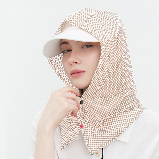 엠엠스포츠 자외선차단 매쉬 체크 모자 골프 등산 후드 얼굴 햇빛가리개, 1개, 베이지