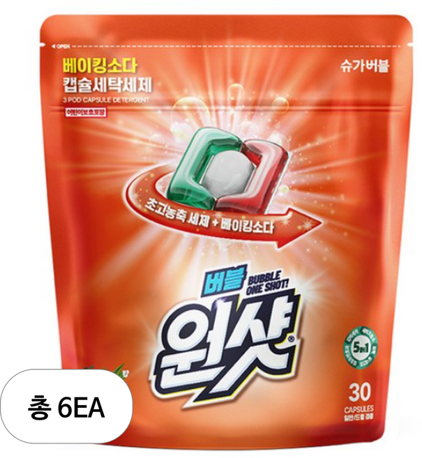 슈가버블 버블원샷 베이킹소다 플로럴향 캡슐세제, 30개입, 6개