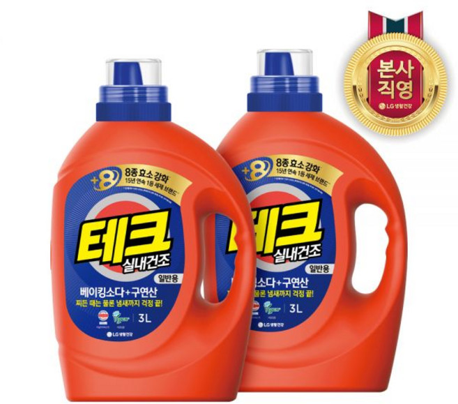 테크 베이킹소다+구연산 실내건조 액체세제 일반 용기 3L 2개