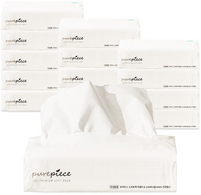 퓨어피스 먼지없는 뽑아쓰는 팝업티슈 150매입 소프트팩 미용티슈 비염티슈, 15개