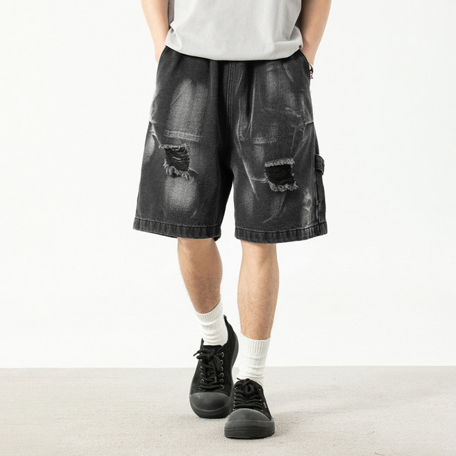 지디오 남성 데님 버뮤다 팬츠 워싱 찢청 반바지 5부 와이드 밴딩 청반바지