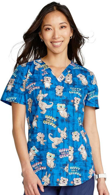 Cherokee Prints 여성용 수술복 상의 브이넥 프린트 CK652 Quokka처럼 행복합니다 XL, XX-Large Plus