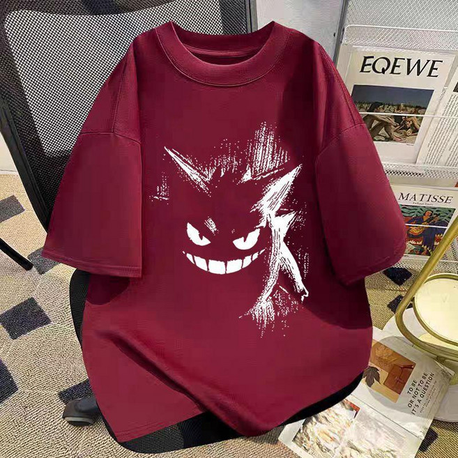 JOSFOND 寶可夢耿鬼純棉短袖T恤, 酒紅色  寶可夢耿鬼,2XL 建議70.0-82.5公斤