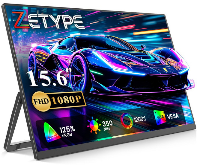 ZETYPE 15.6inch 휴대용 모니터 FHD IPS패널 포터블 모니터 HDR, 블랙-노터치, 39.62cm