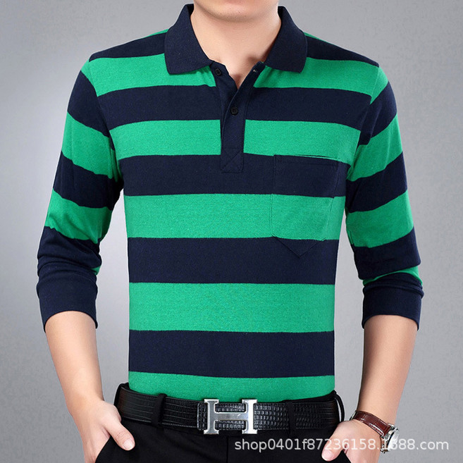 【寬鬆大碼】男士長袖T恤 男裝上衣 打底衫 休閒T恤 翻領T恤 條紋T恤 商務休閒 真口袋設計 春秋季百搭