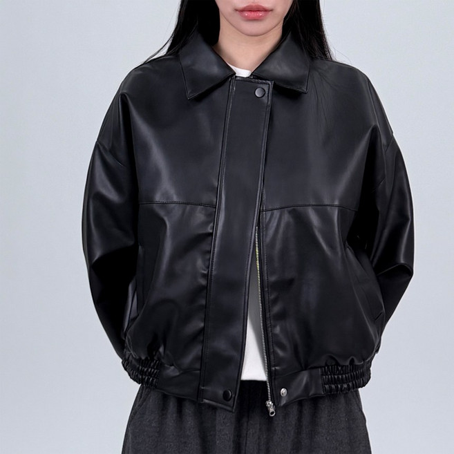 무드 절개 핀턱 카라 루즈핏 레더 집업 자켓