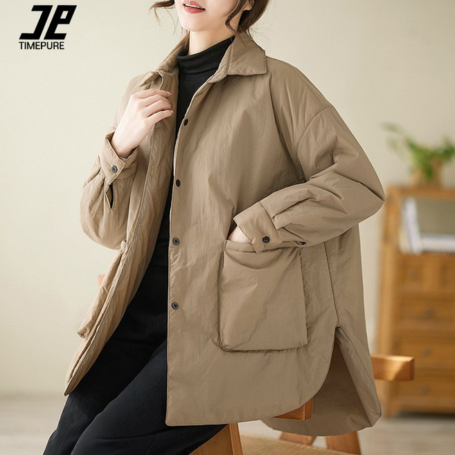 TIMEPURE 여성 오버핏 빈티지 카라 경량 패딩 잠바 도톰 빅사이즈 겨울 패딩자켓 빅포켓 아우터 따뜻함 보온 편한 하프패딩