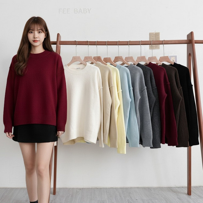 落肩捲邊拼接圓領厚針織長袖上衣 韓系毛衣 長袖上衣女