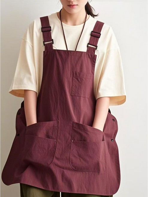 廚房防潑水耐髒圍裙 前後兩面可穿工作服 園藝餐飲露營理髮奶茶寵物店, 1個, 酒紅色