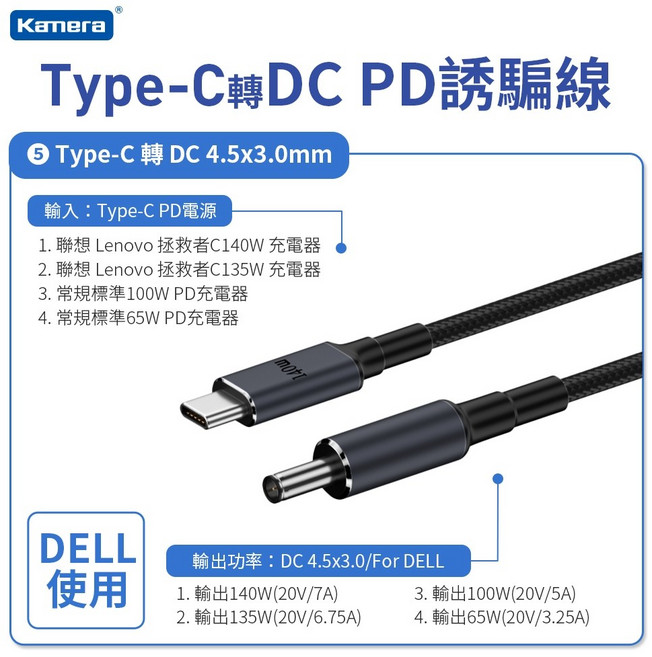 Kamera Type-C轉DC公 140W PD誘騙線 (1.8M) 20V/7A 28V/5A, 1個, 4530直頭黑口-Dell 20V/7A