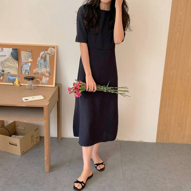 [레티고] 라운드넥 베이직 심플 롱 원피스