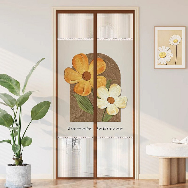 방일 꽃송이 모기방지 메쉬 문발 세트 일체형 자석 프리미엄 모기장 + 찍찍이테이프 + 오픈고정자석, C