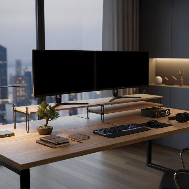 시스퍼닉 원목 철제 듀얼 모니터 받침대 모니터스탠드 선반 와이드 가로 1180mm, 블랙