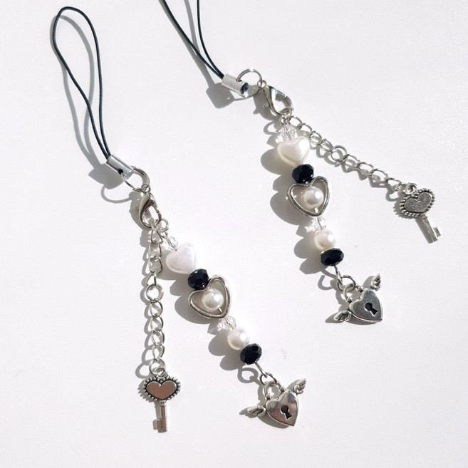 키치 Y2K 하이틴 비즈 키링, Y2K-2줄 하트 열쇠, 1개