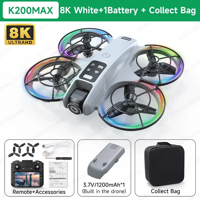 K200 MAX 8K 4K HD 카메라 드론 LCD 화면 리모컨 FPV 전송 눈부신 조명 광학 흐름 호버링 경량 장난감 쿼드, 01 8K White 1 Battery