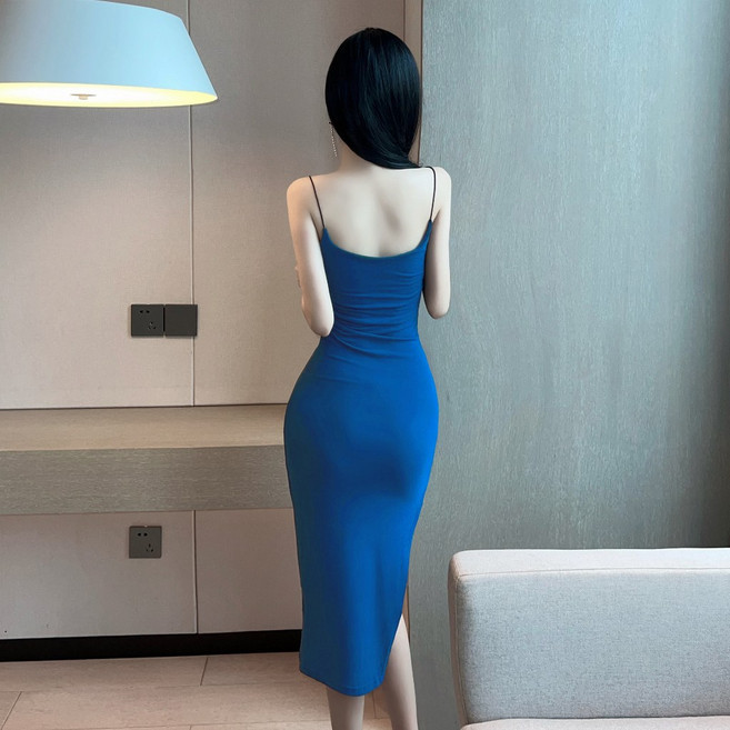 氣質性感連身裙 開衩修身吊帶連衣裙 辣妹包臀裙 細肩洋裝, (ee3) 藍色