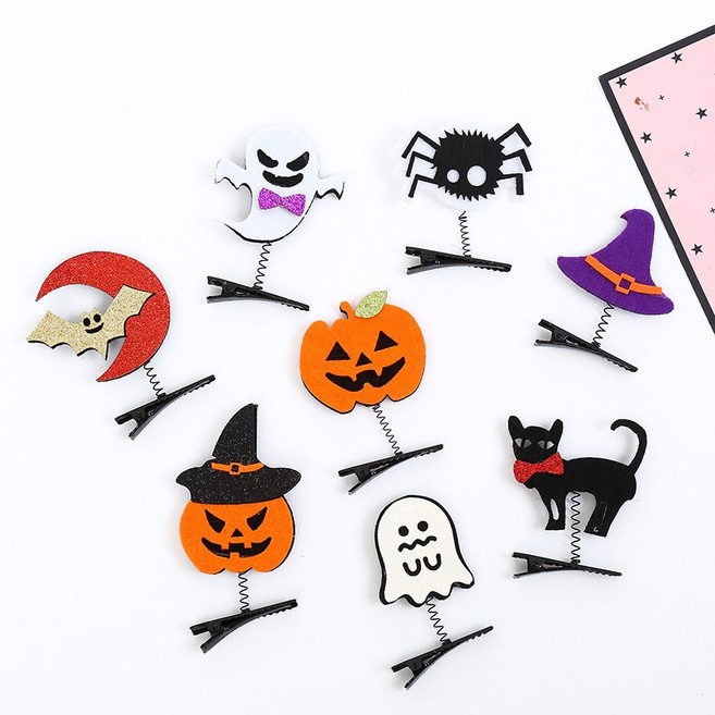 [피앤비유니티]할로윈 장신구모음 200여종 악마뿔머리띠 가면 팔찌 안경 넥타이 마녀모자 등, A-2-02)머리핀1-호박