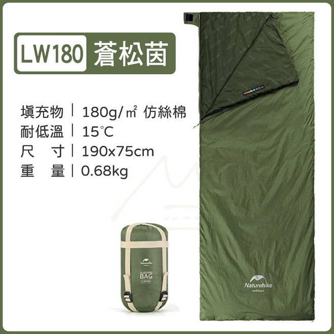Naturehike挪客 NH 迷你信封睡袋 680克 露營 登山 野營戶外輕巧旅行, LW180-蒼松茵加贈充氣枕, 1個