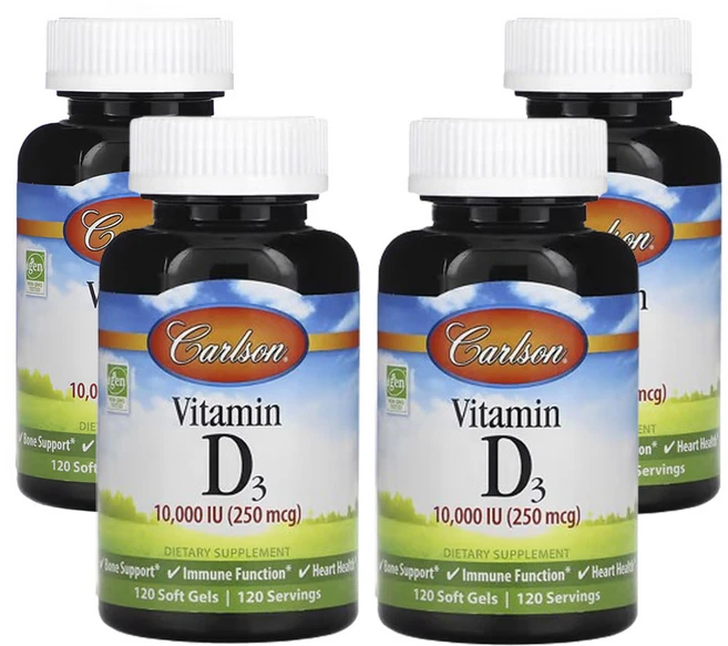 칼슨 비타민D3 250 mcg (10 000 IU) 120소프트젤, 4팩, 120정 - 쿠팡