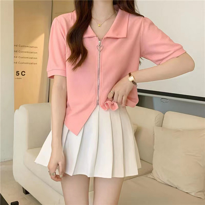 옷깃 지퍼 짧은 소매 니트웨어 여성용 여름 버블 소매 짧은 불규칙한 틈새 달콤한 조커 재킷 여성용