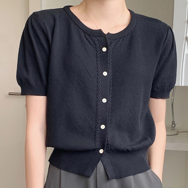 타니즈 여성용 이베인 쿨 라운드넥 퍼프소매 꽈배기 반팔 니트 가디건