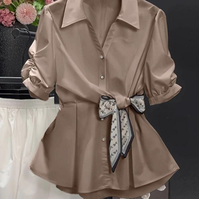 페이준 여성 봄 여름 고급스러운 솔리드 허리 조임 반팔 블라우스 끈 리본 블라우스 YJ4413